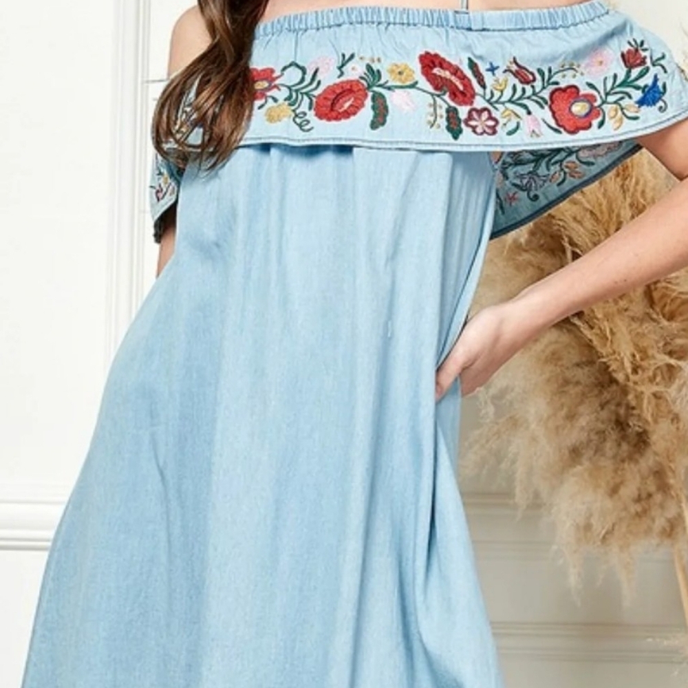 Off-Shoulder Embroidered Blue Dress